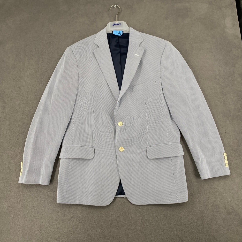 Mens 42R Seersucker Blazer Blue White Pinstripe Cotton Sport Coat USA Made AC01